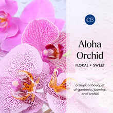 Pink orchid with brand logo and product description on a white background