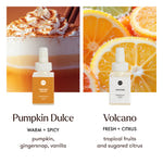 Two bottles of fragrance refills labeled 'Pumpkin Dulce' and 'Volcano' with corresponding scents below.