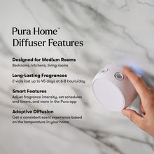 Pura Home diffuser with text on a marble background