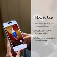 Hand holding a smartphone with Pura app interface, showing steps to use the Pura Home V5 device.