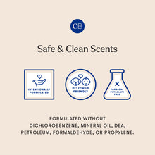 Product packaging with 'Safe & Clean Scents' branding and certification icons on a beige background.