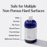 Bottle of Volcano cleaning solution with text about surface safety on a white background