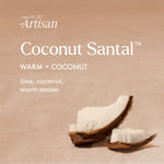 Coconut Santal soap with a beige background and product name text.