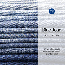 Stack of blue jeans with a white background and 'CB' logo.