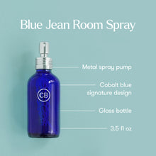 Blue room spray bottle with metal spray pump on a light blue background