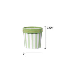 Green and white striped pot with dimensions on a white background