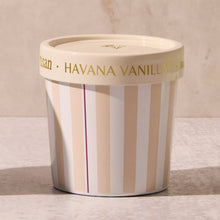 Gelato shaped container with 'Havana Vanilla' text on a neutral background