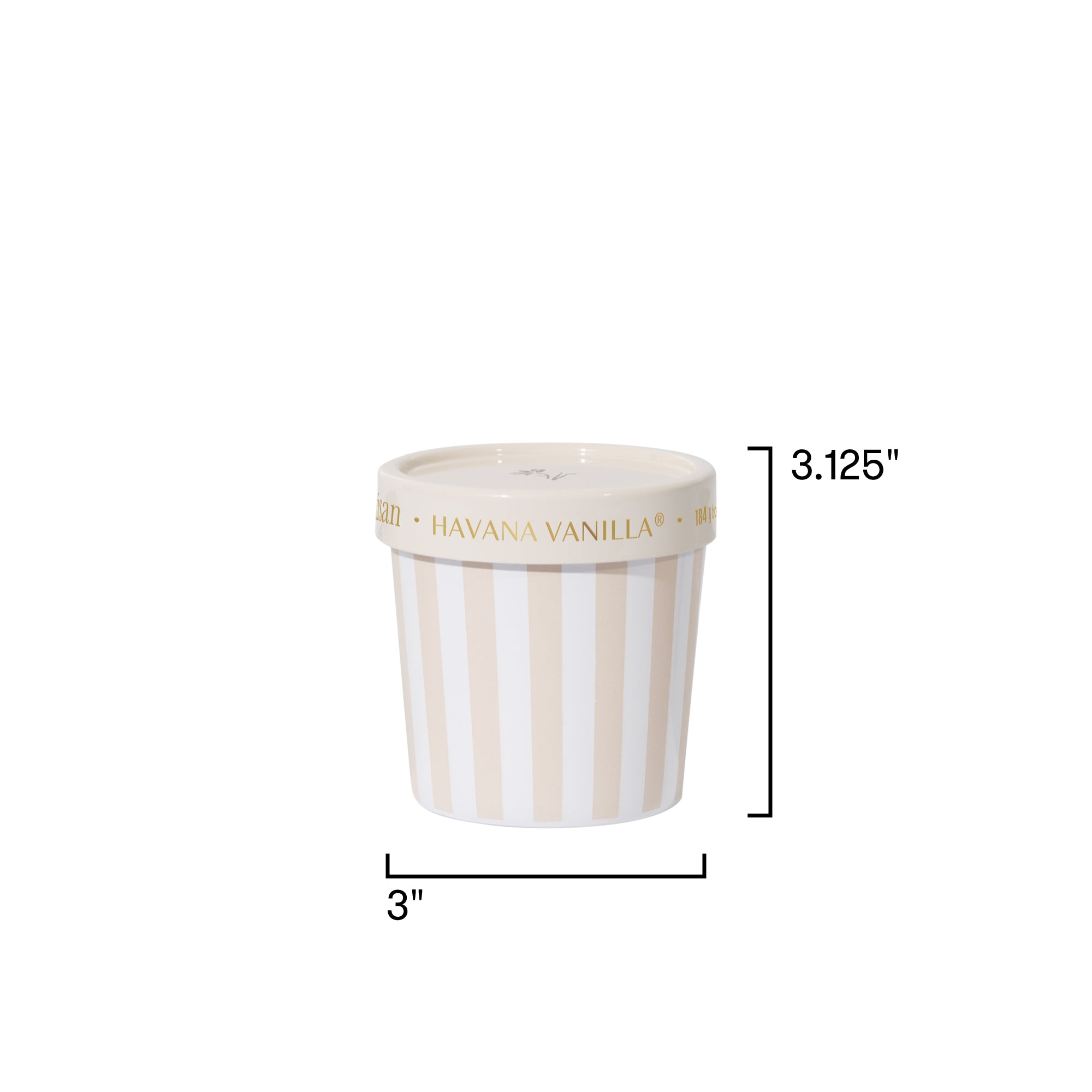 Gelato shaped container with 'Havana Vanilla' text and dimensions on a white background