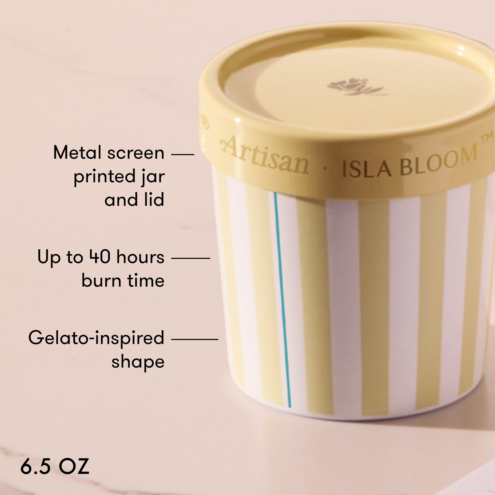 Isla Bloom candle jar with striped design on a beige background