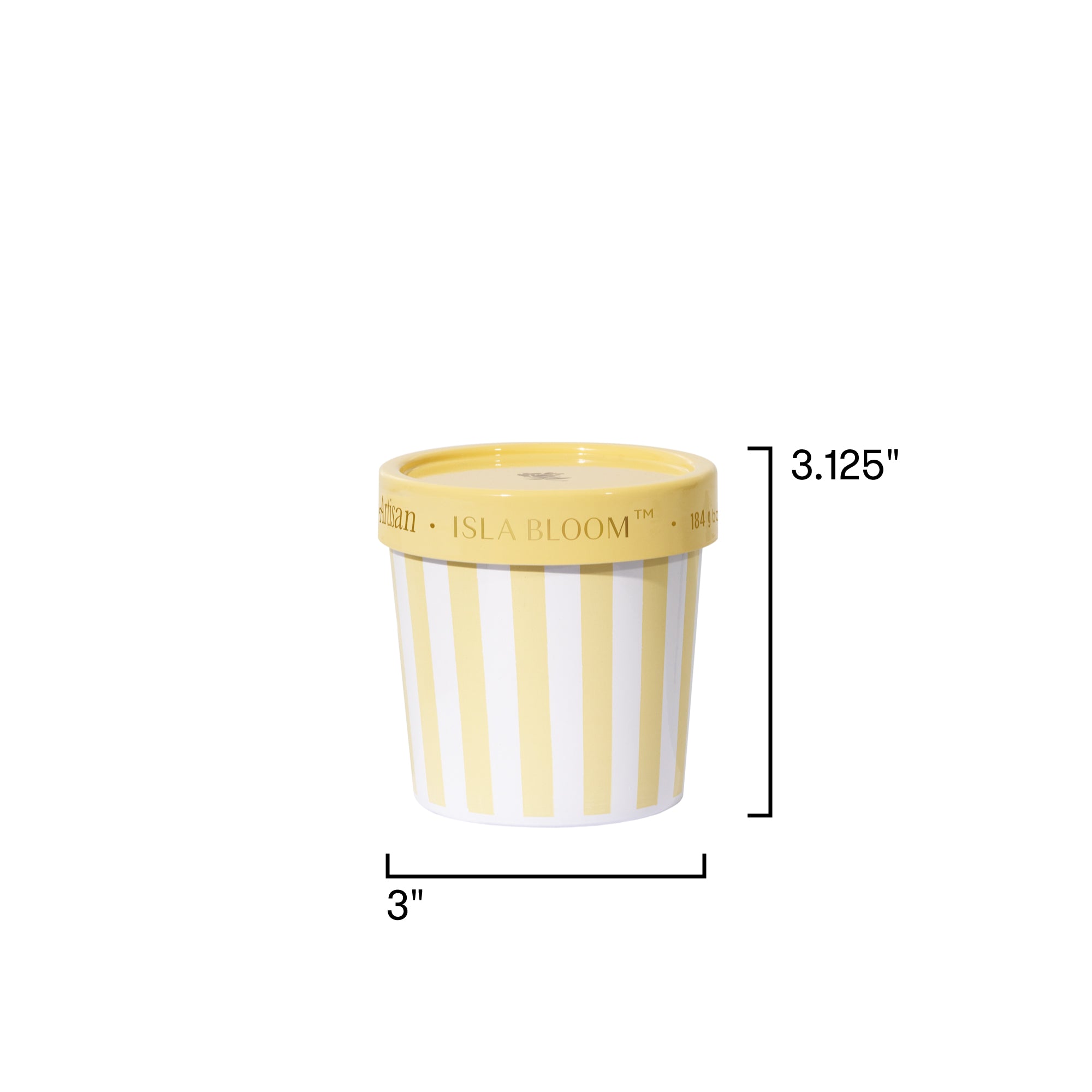 Small striped container with dimensions on a white background