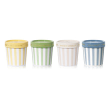 Four ice cream pots with striped patterns and colorful lids on a white background