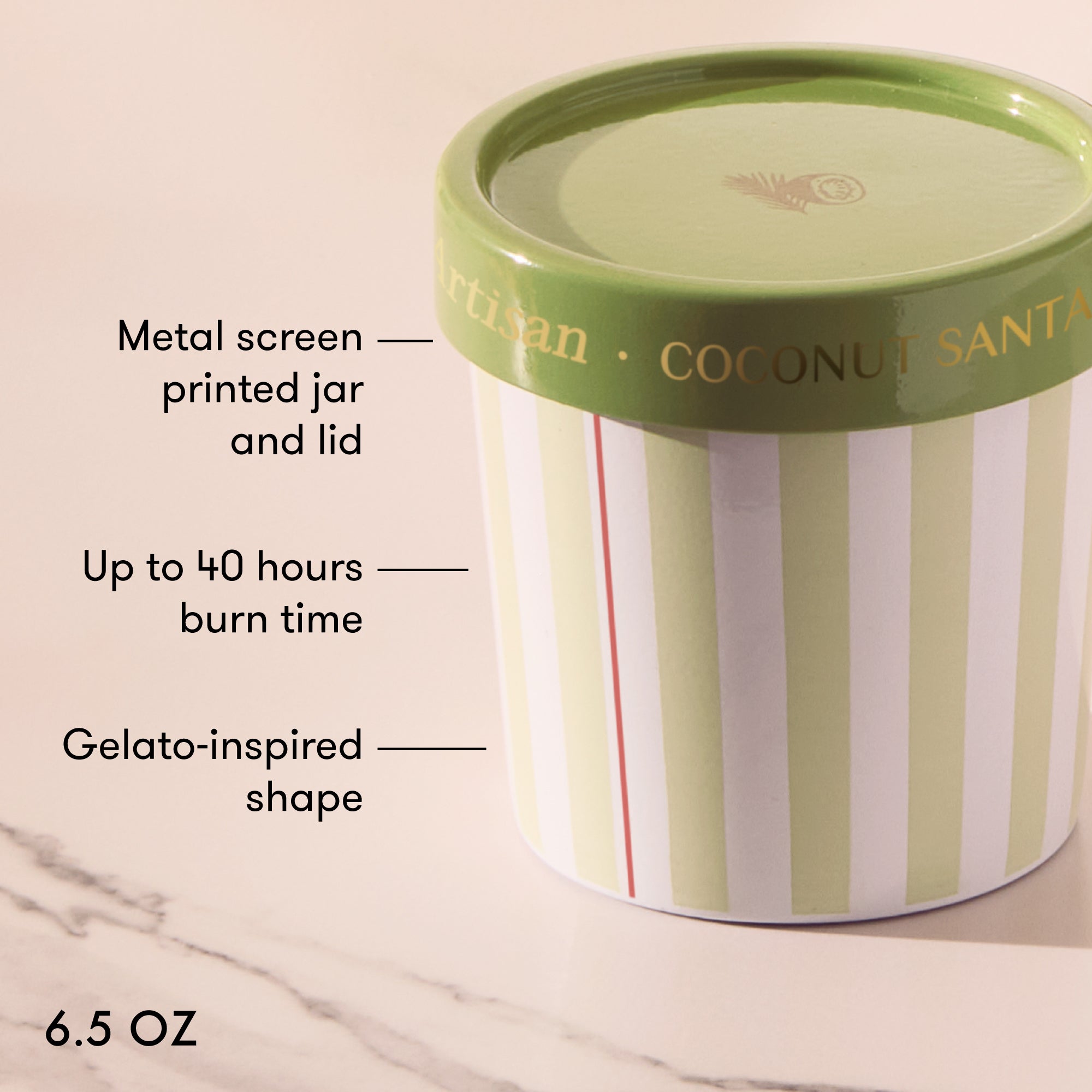 Green and white striped candle jar with text detailing features on a beige background