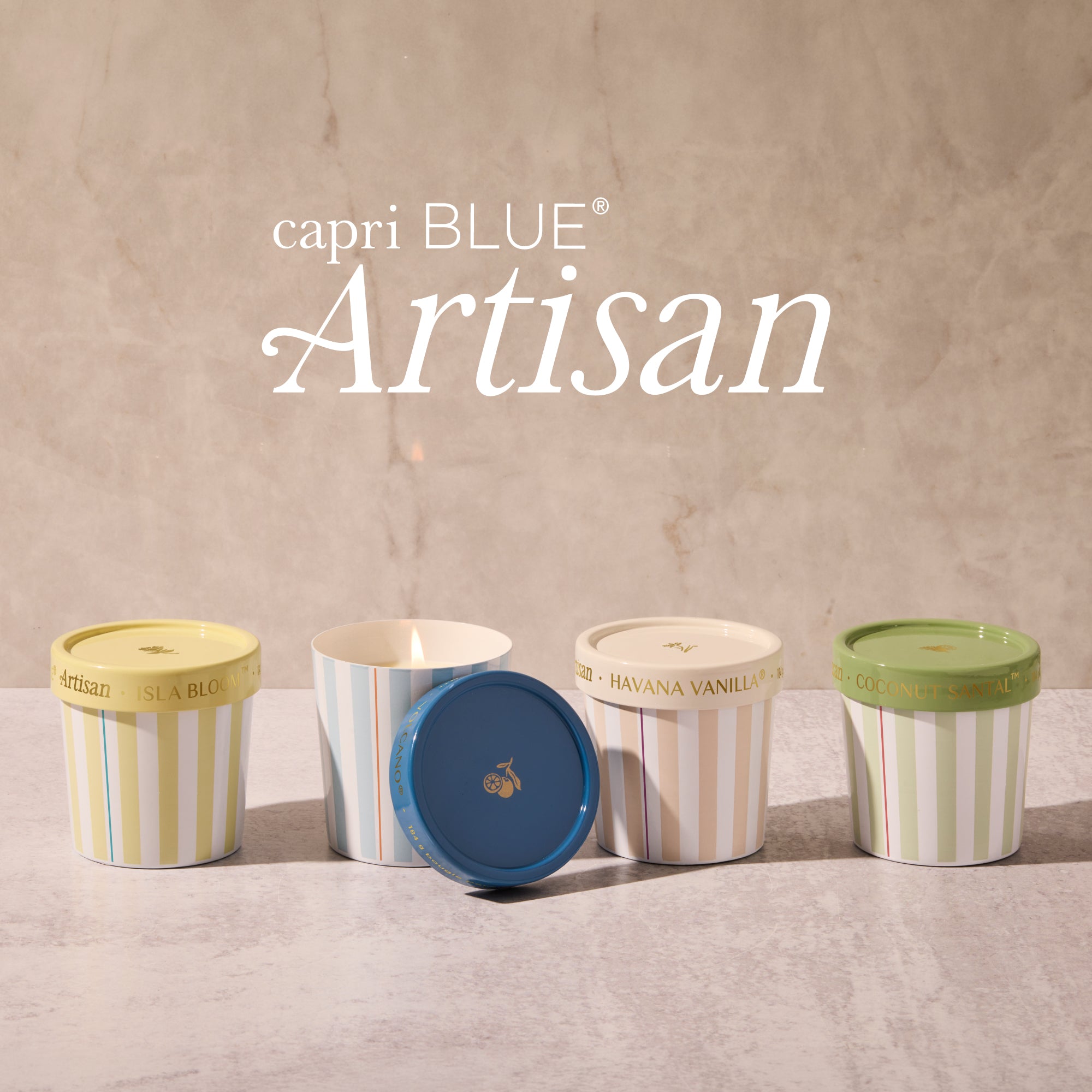 capri BLUE Artisan candles on a neutral background