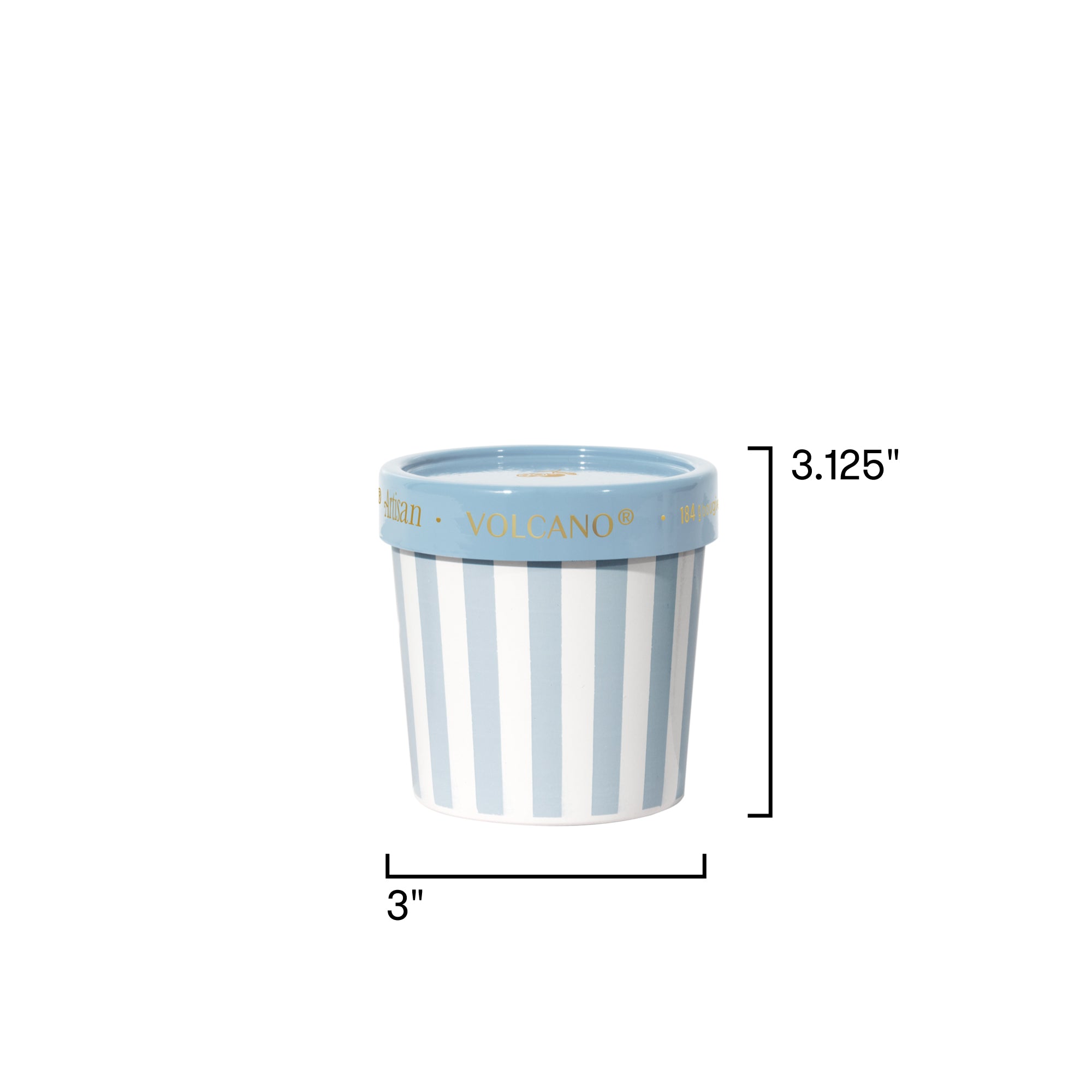 Small striped pot with blue top and white bottom, dimensions indicated.