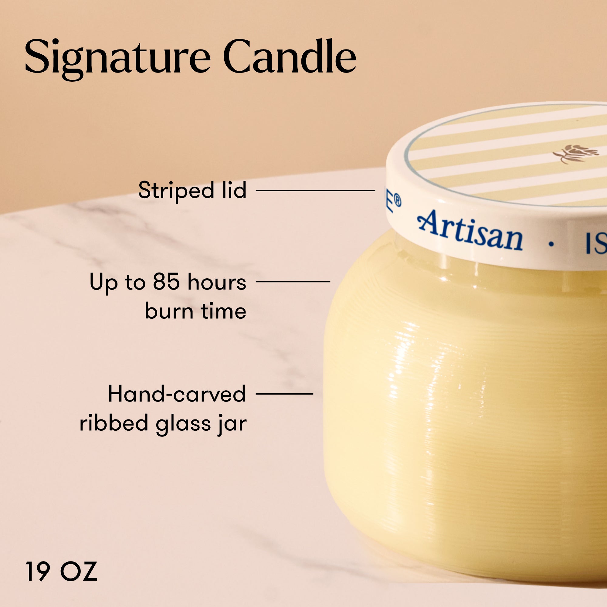 Signature candle with labeled features on a beige background
