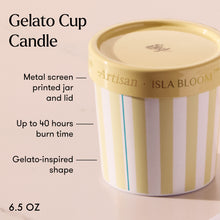 Gelato cup candle with striped design and 'Isla Bloom' branding on a beige background