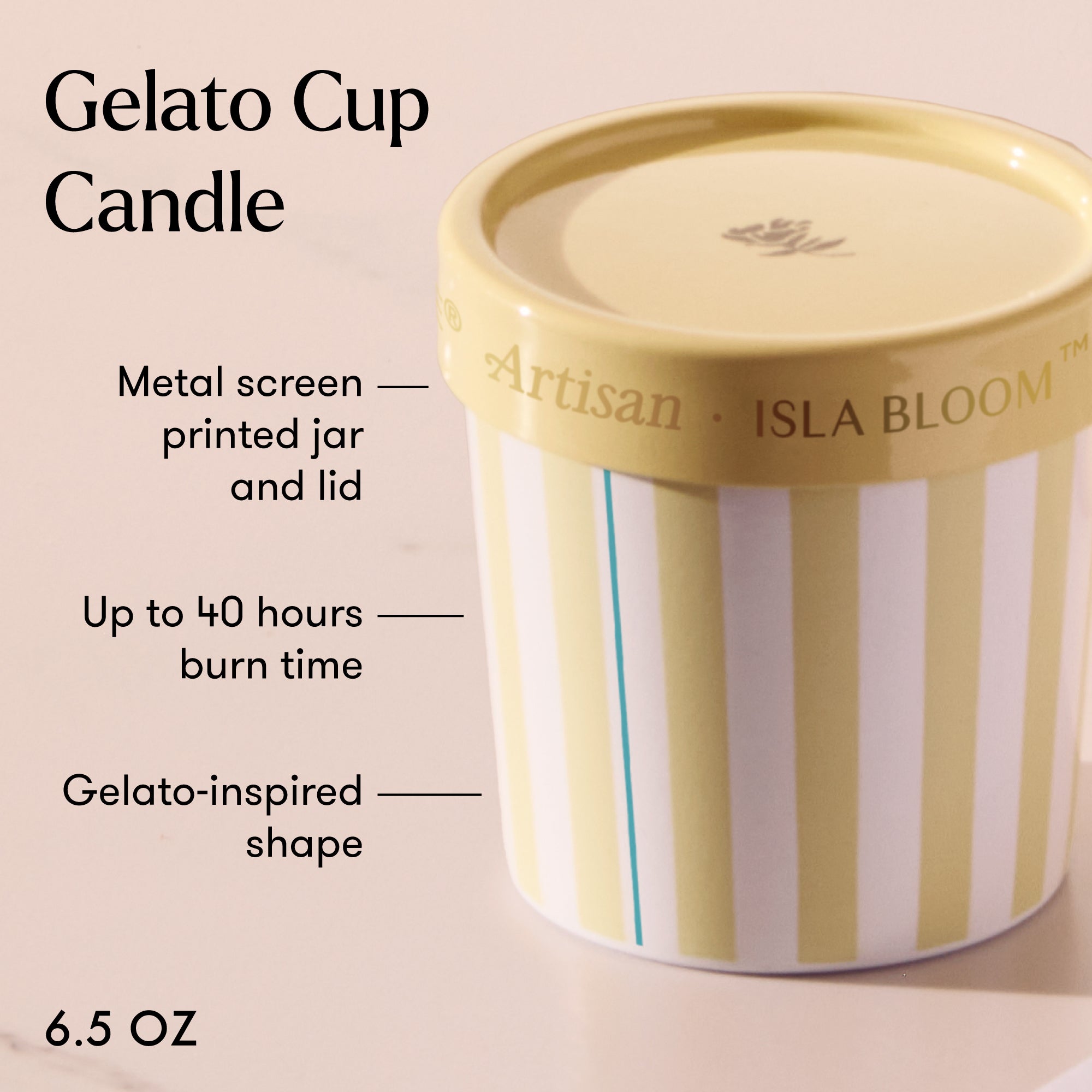 Gelato cup candle with striped design and 'Isla Bloom' branding on a beige background