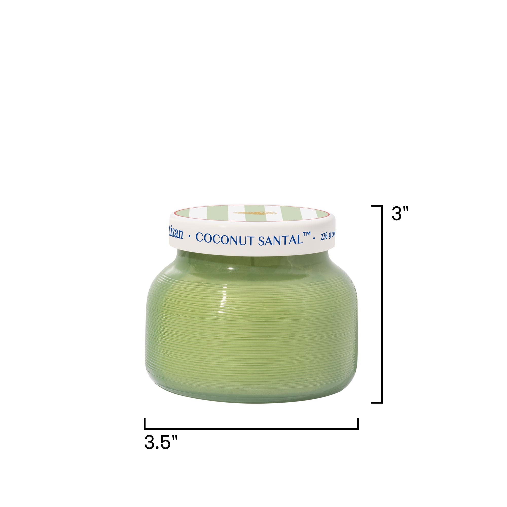 Green candle jar with white lid and dimensions on a white background