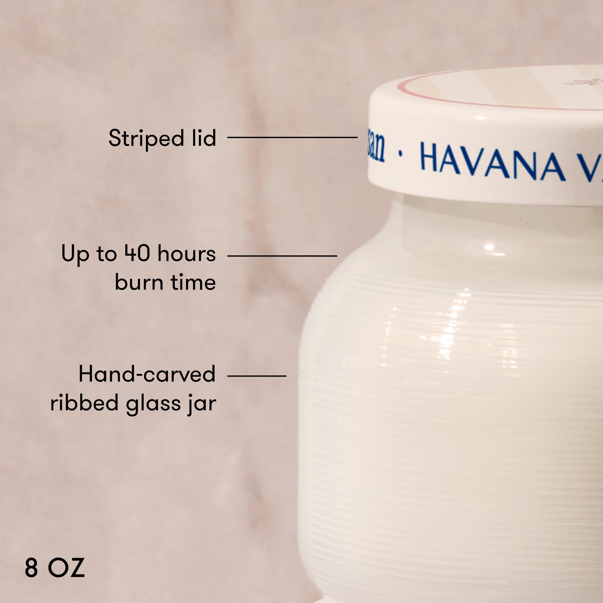 White hand-carved ribbed glass jar with striped lid labeled 'Havana V', featuring text on burn time and size.