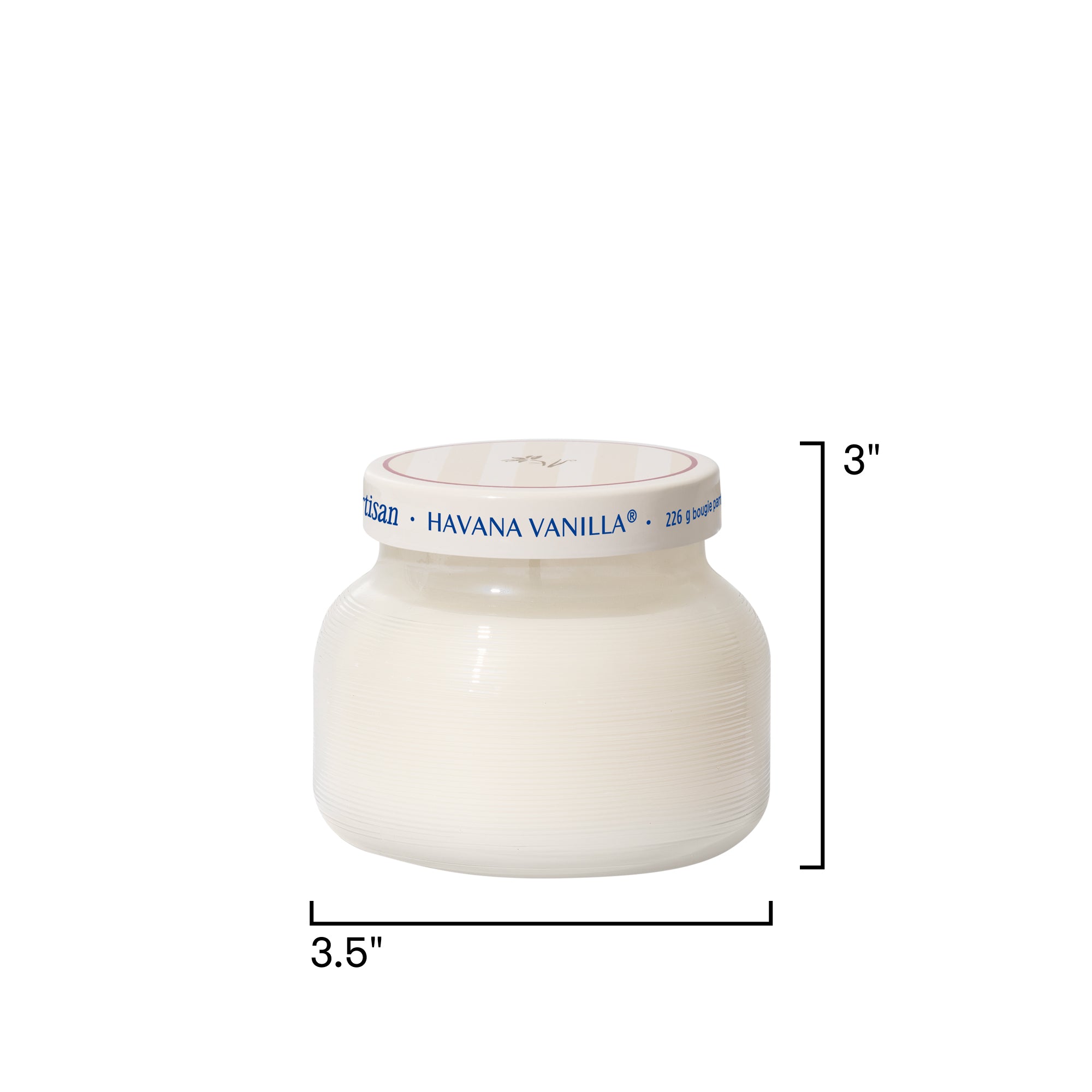 Jar of Havana Vanilla on a white background with dimensions indicated