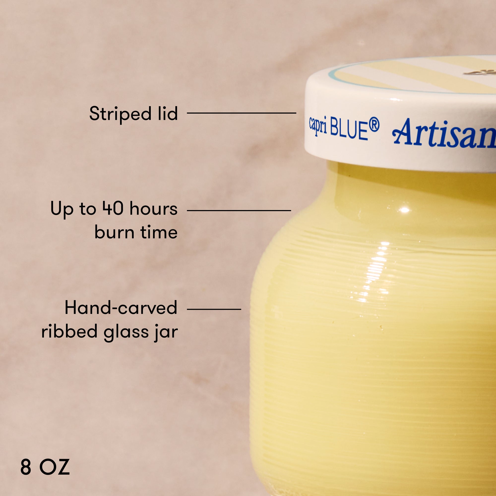 Capri Blue Artisan candle with labeled features on a beige background