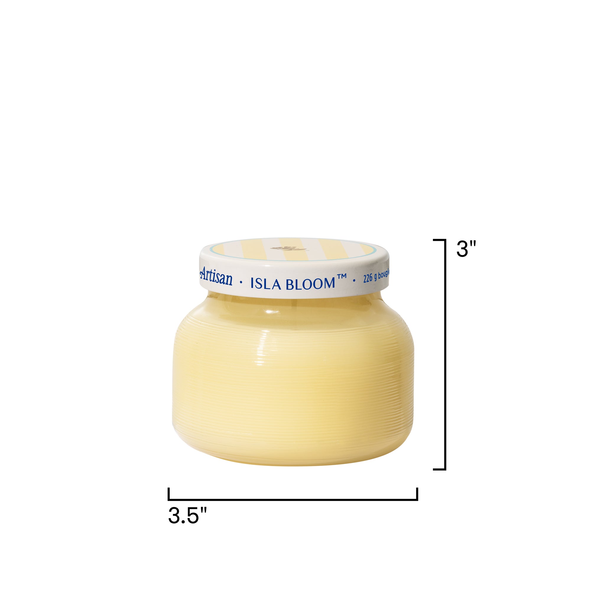 Jar of Isla Bloom with dimensions labeled on a white background