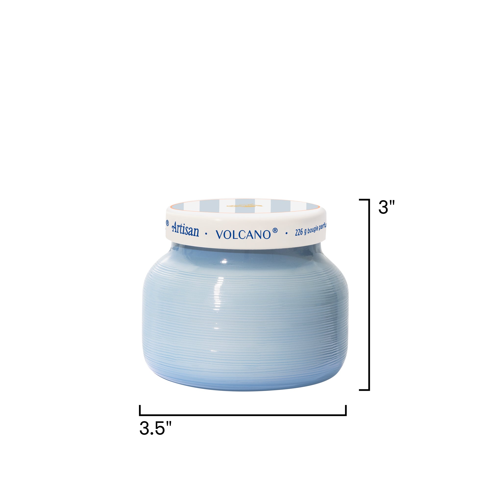 Blue candle jar with white lid and 'Artisan Volcano' branding, shown with dimensions on a white background.