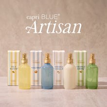 capri BLUE Artisan perfume bottles and boxes on a textured surface with 'capri BLUE Artisan' branding.
