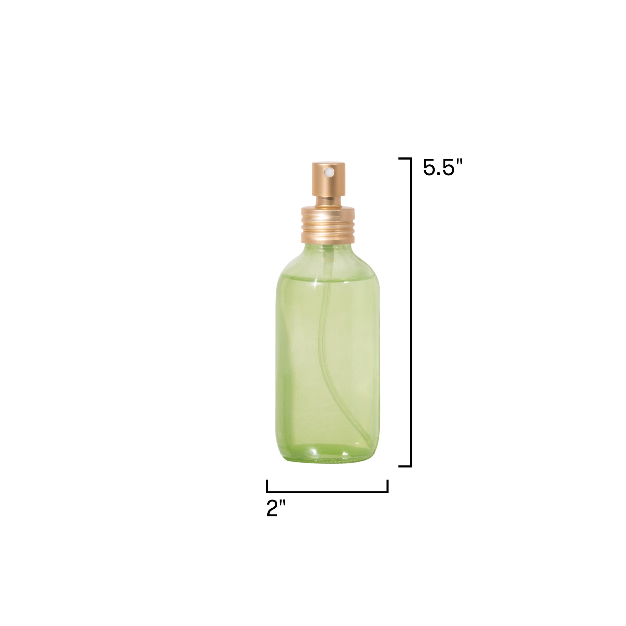 Green spray bottle with dimensions labeled on a white background