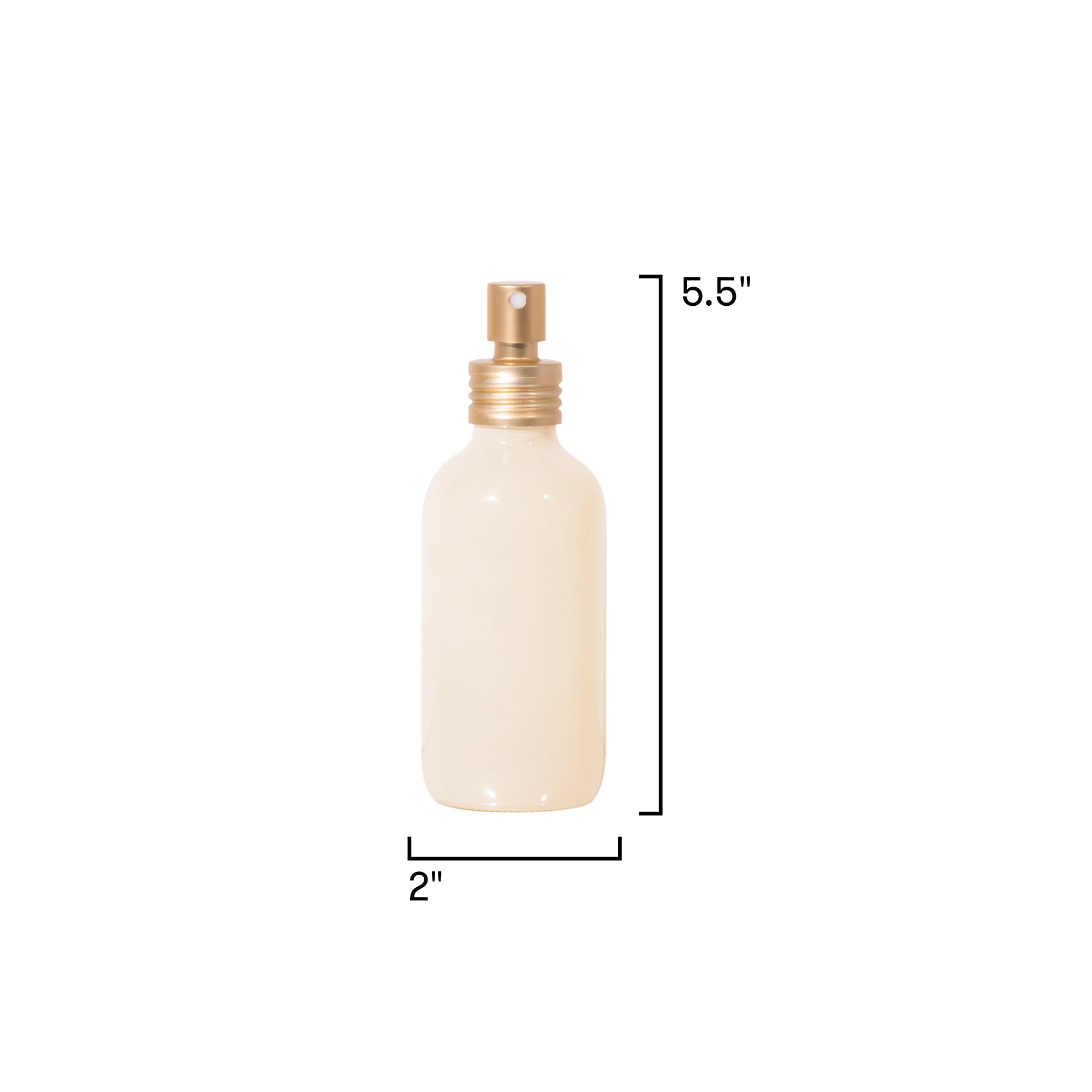 Beige spray bottle with gold nozzle and dimensions labeled on a white background