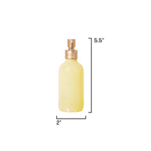 Yellow spray bottle with dimensions labeled on a white background
