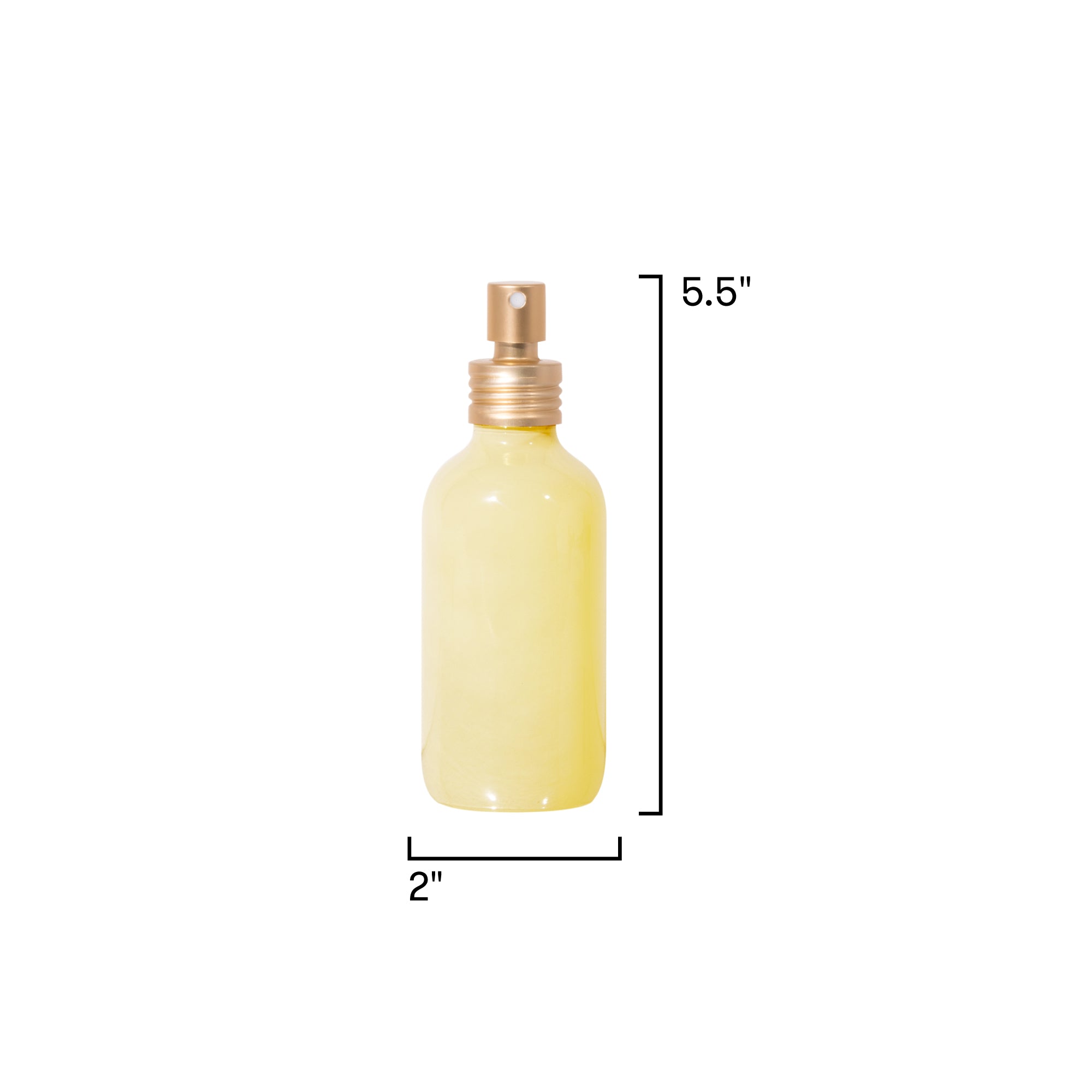 Yellow spray bottle with dimensions labeled on a white background