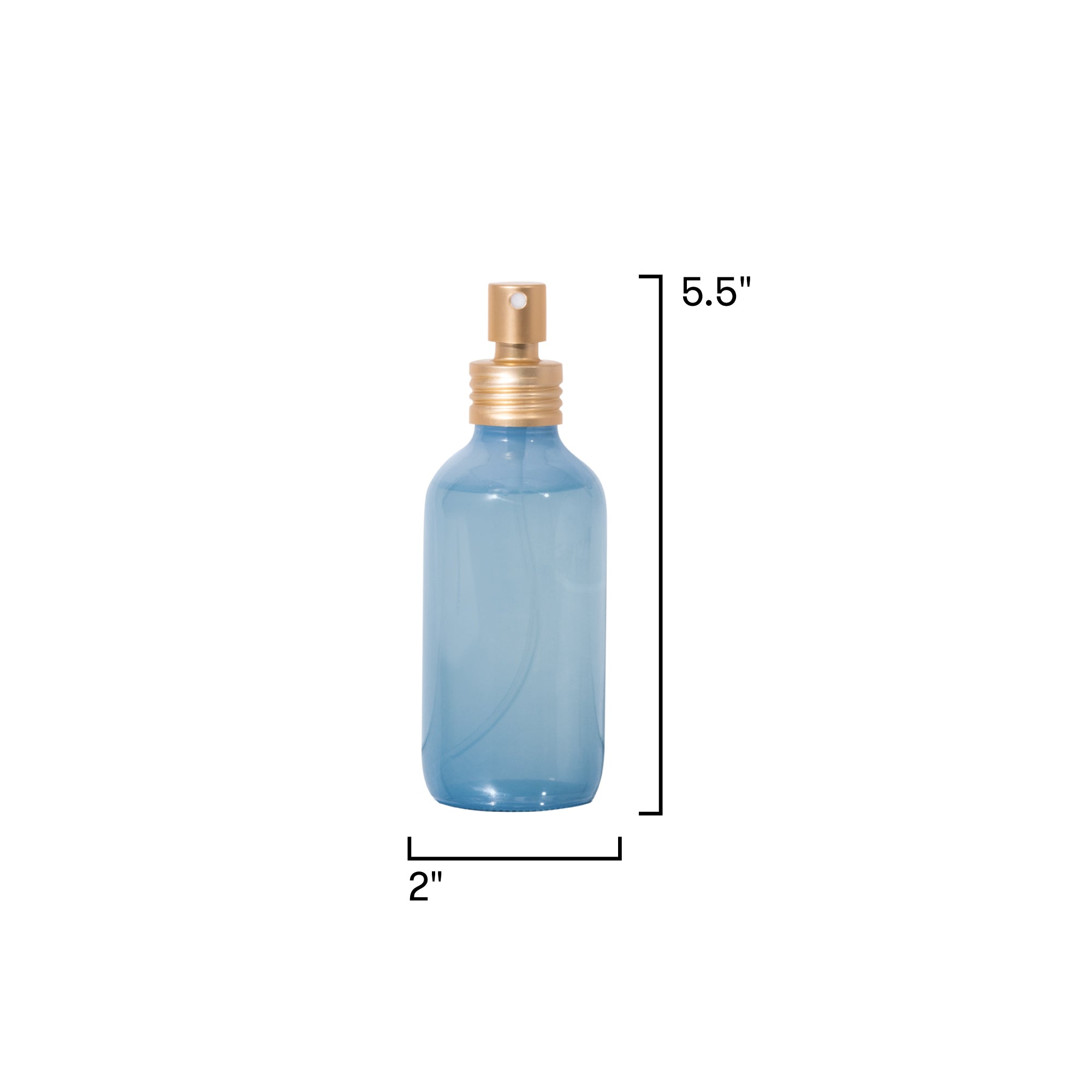 Blue spray bottle with gold nozzle on a white background