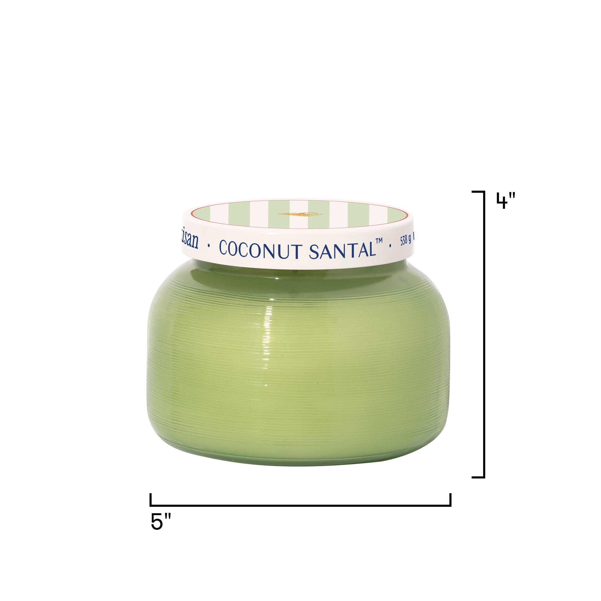 Green candle with a white lid labeled 'Coconut Santal' on a white background