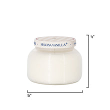Candle jar labeled 'Havana Vanilla' with dimensions on a white background