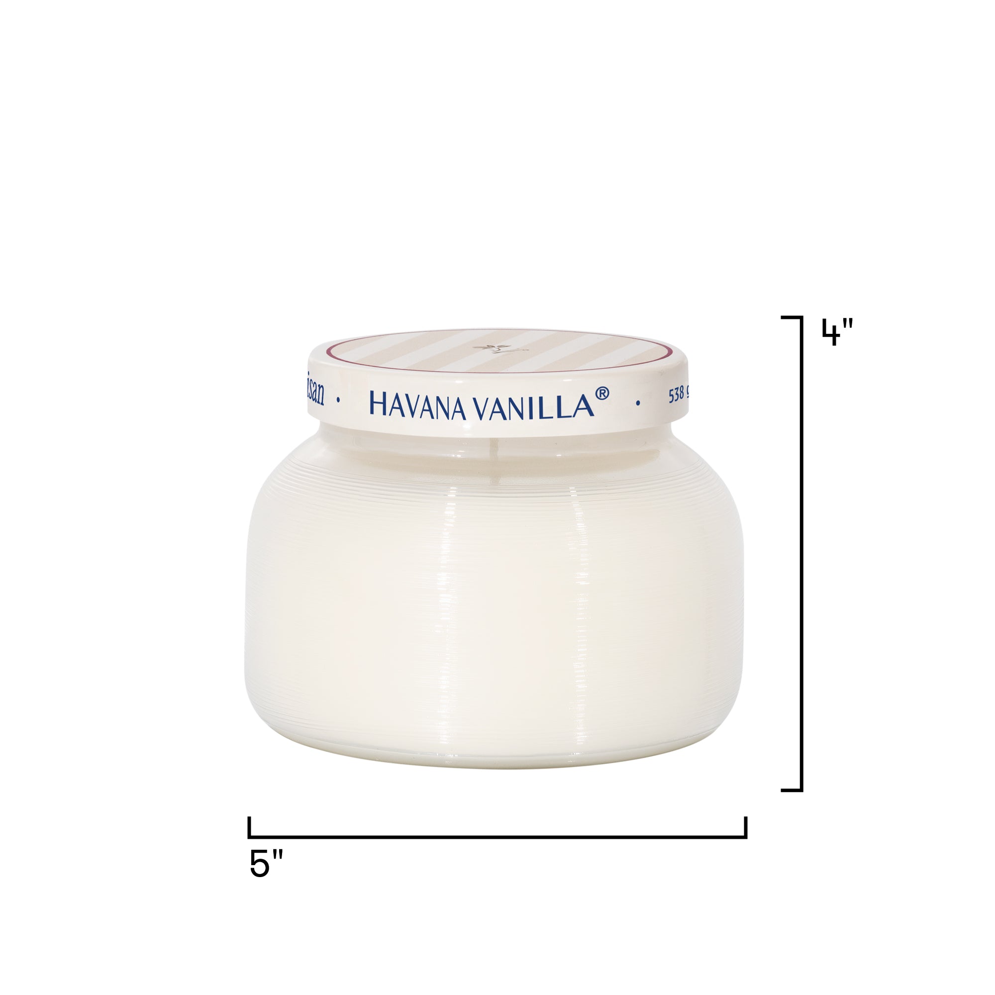Candle jar labeled 'Havana Vanilla' with dimensions on a white background