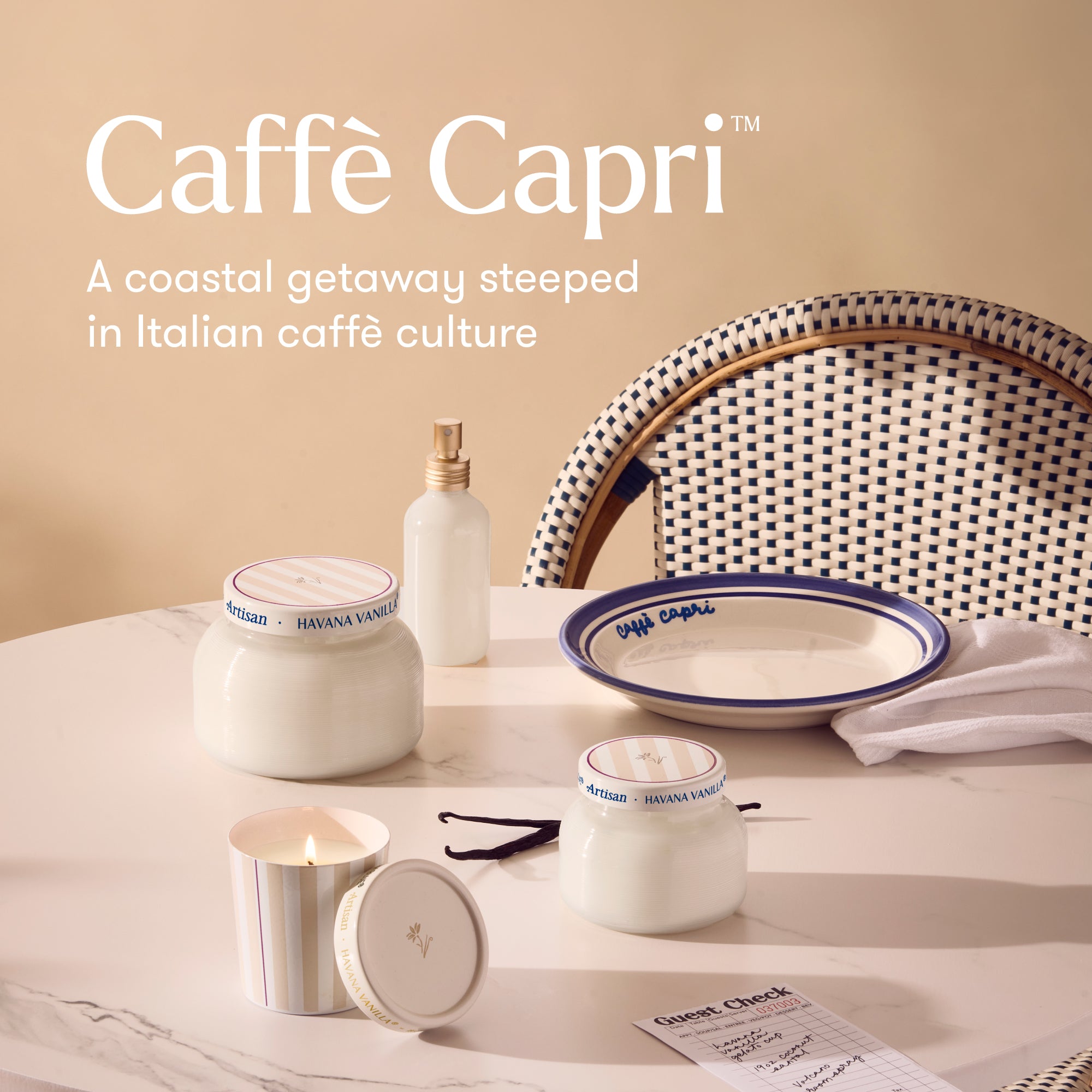 Caffè Capri products on a table with a chair and candle, set against a beige background.