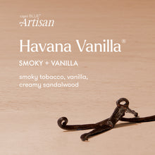 Vanilla pod with 'capri BLUE Artisan Havana Vanilla' text on a beige background
