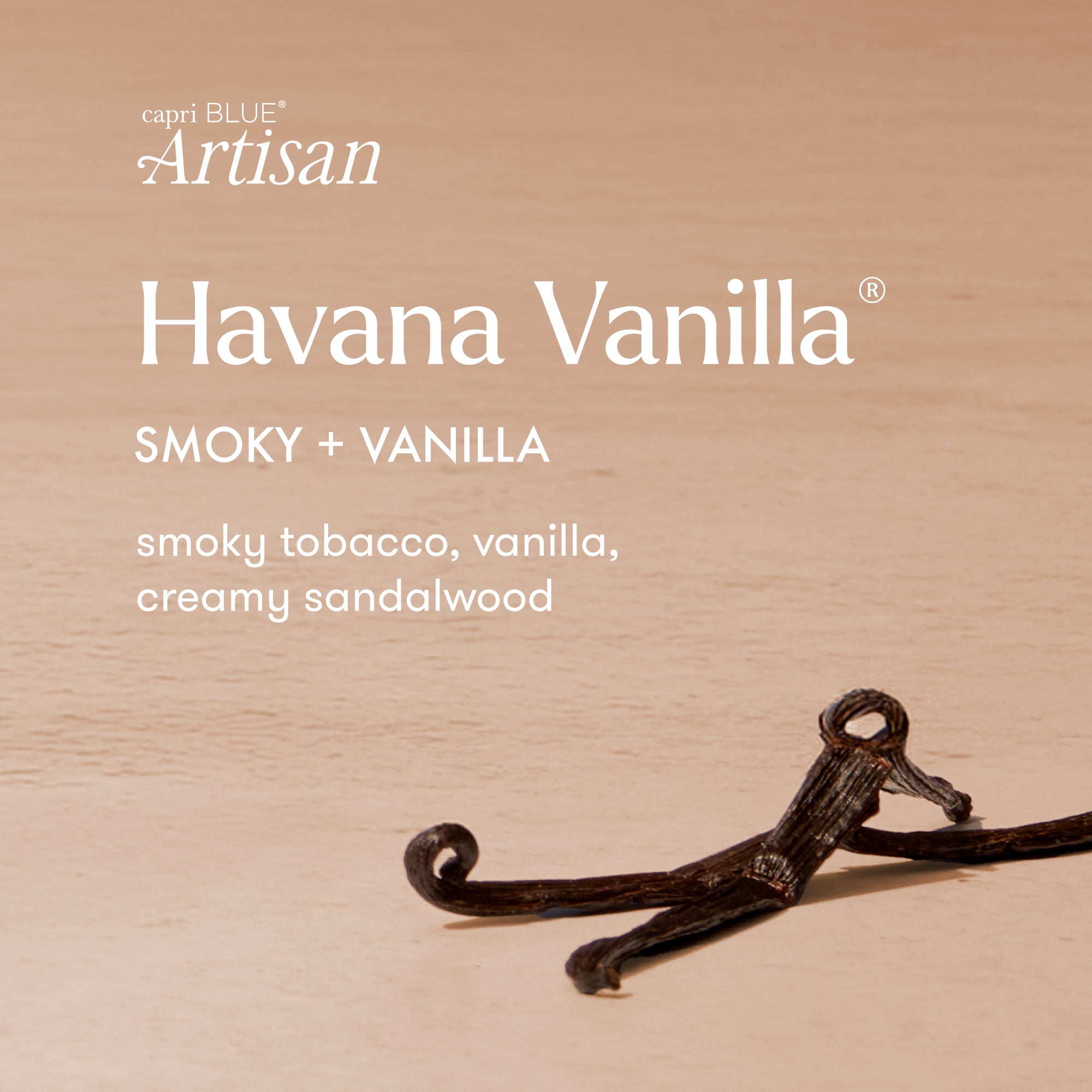 Vanilla pod with 'capri BLUE Artisan Havana Vanilla' text on a beige background