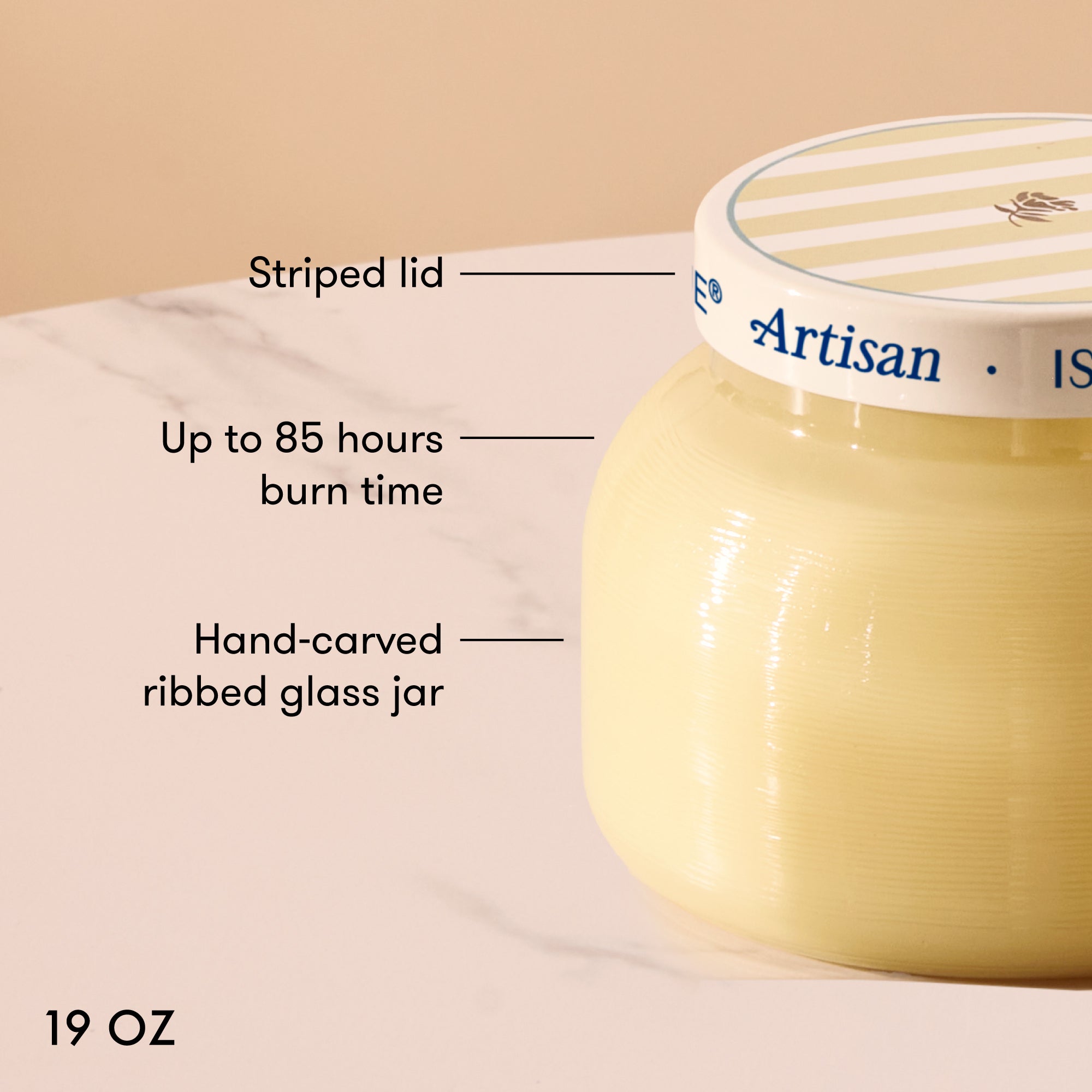Candle jar with labeled features on a beige background