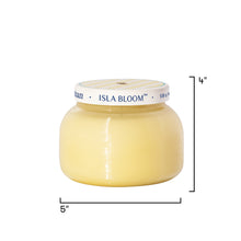 Yellow container with 'Isla Bloom' branding and measurements on a white background