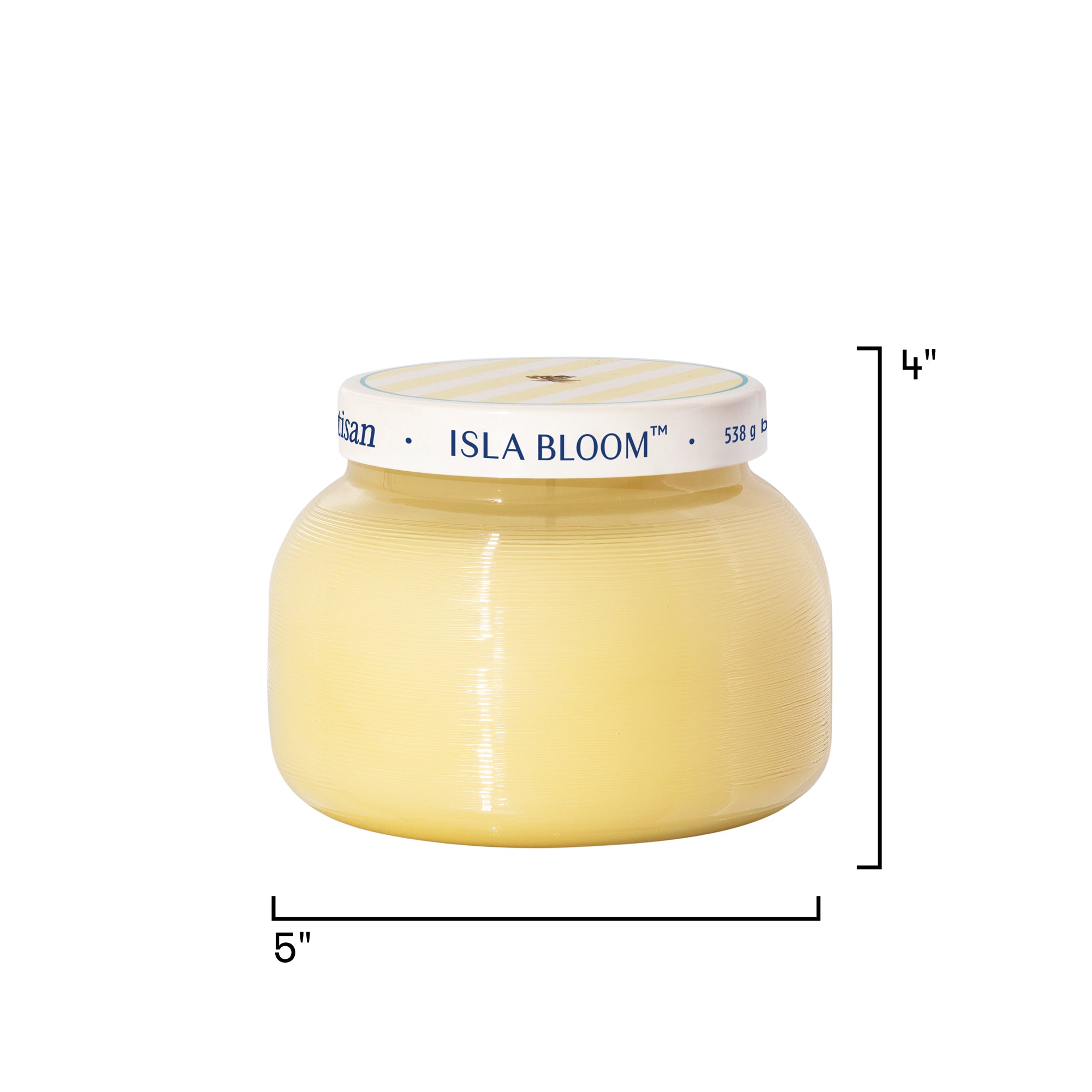 Yellow container with 'Isla Bloom' branding and measurements on a white background