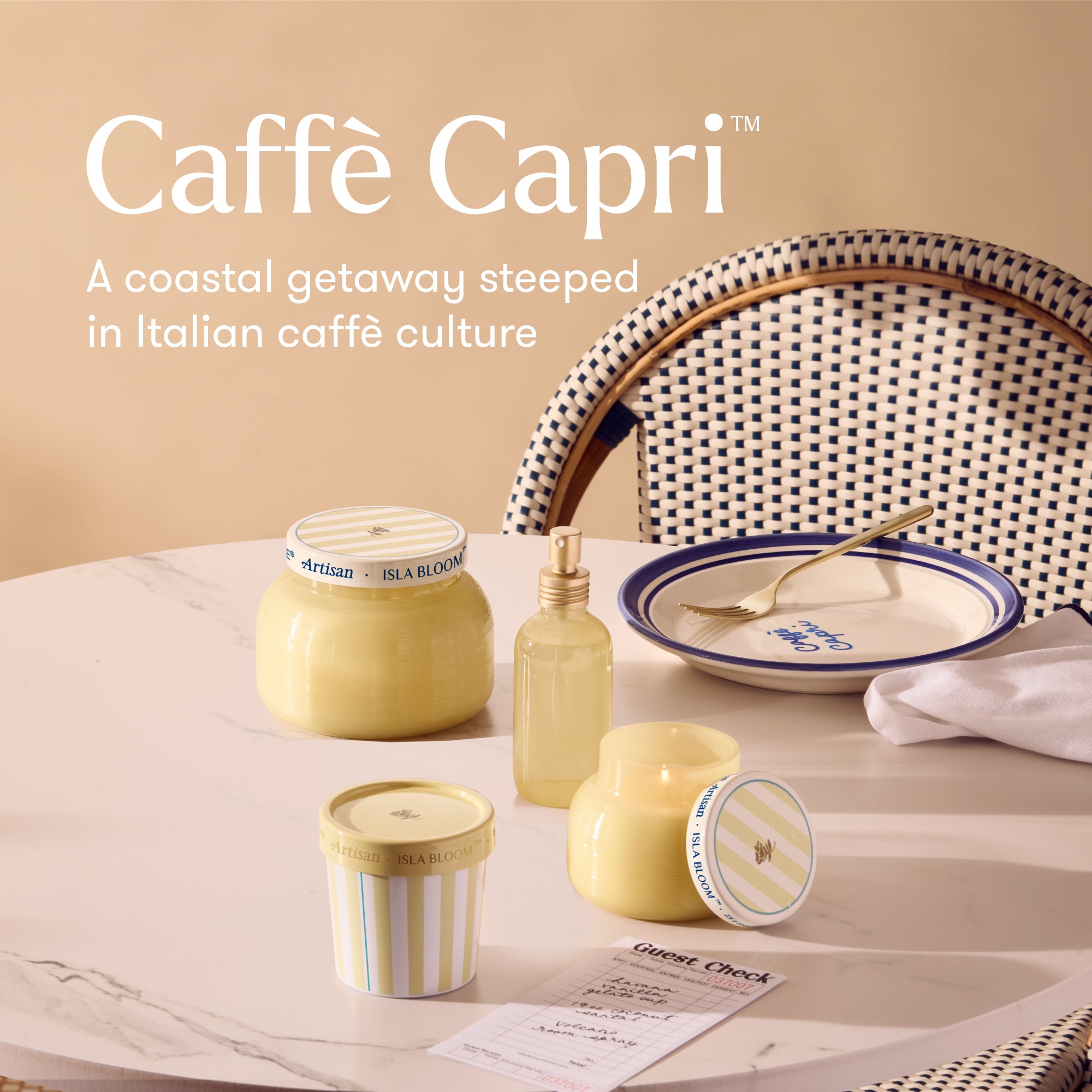 Caffè Capri products on a table with a chair in the background