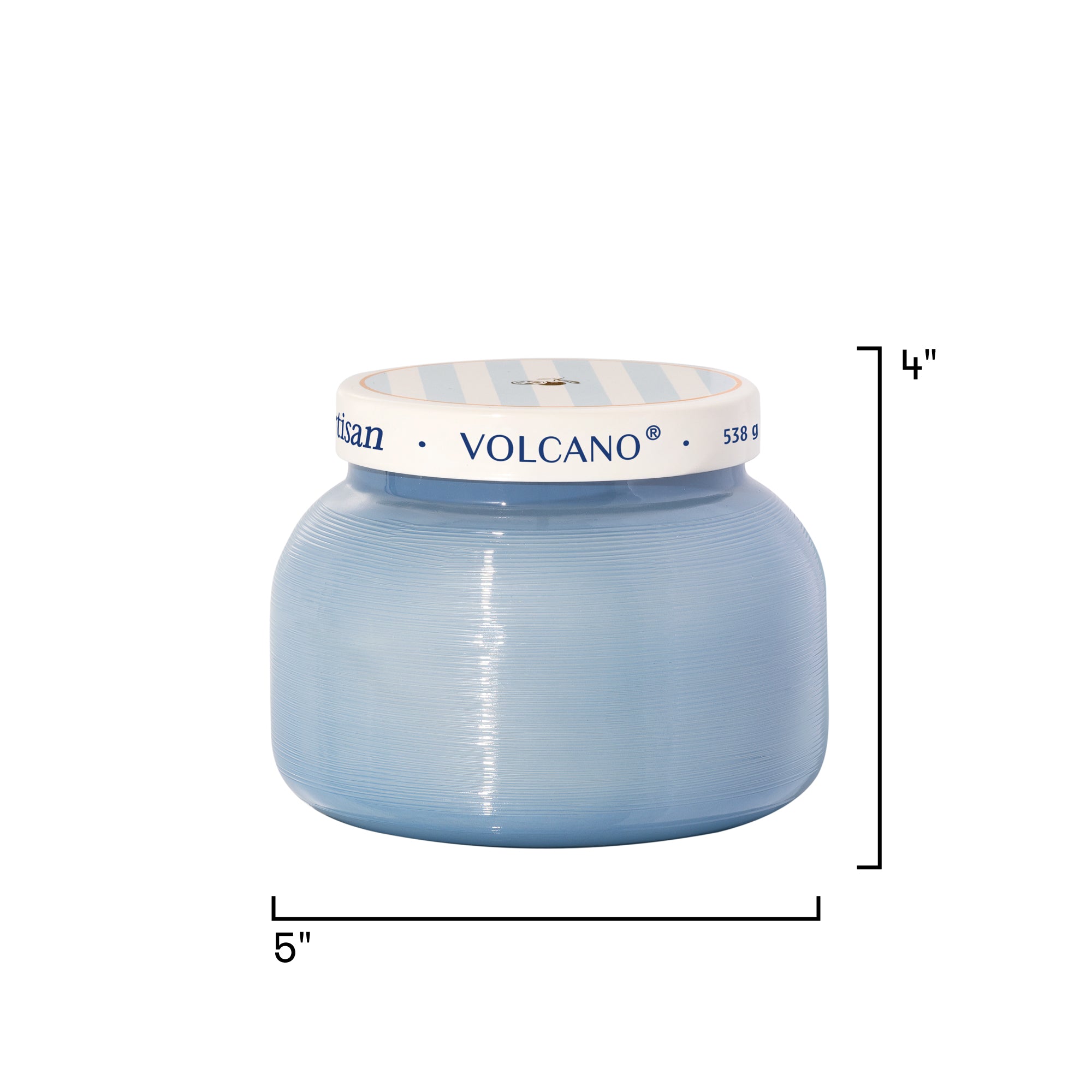 Blue cylindrical container with a white lid labeled 'Volcano' on a white background
