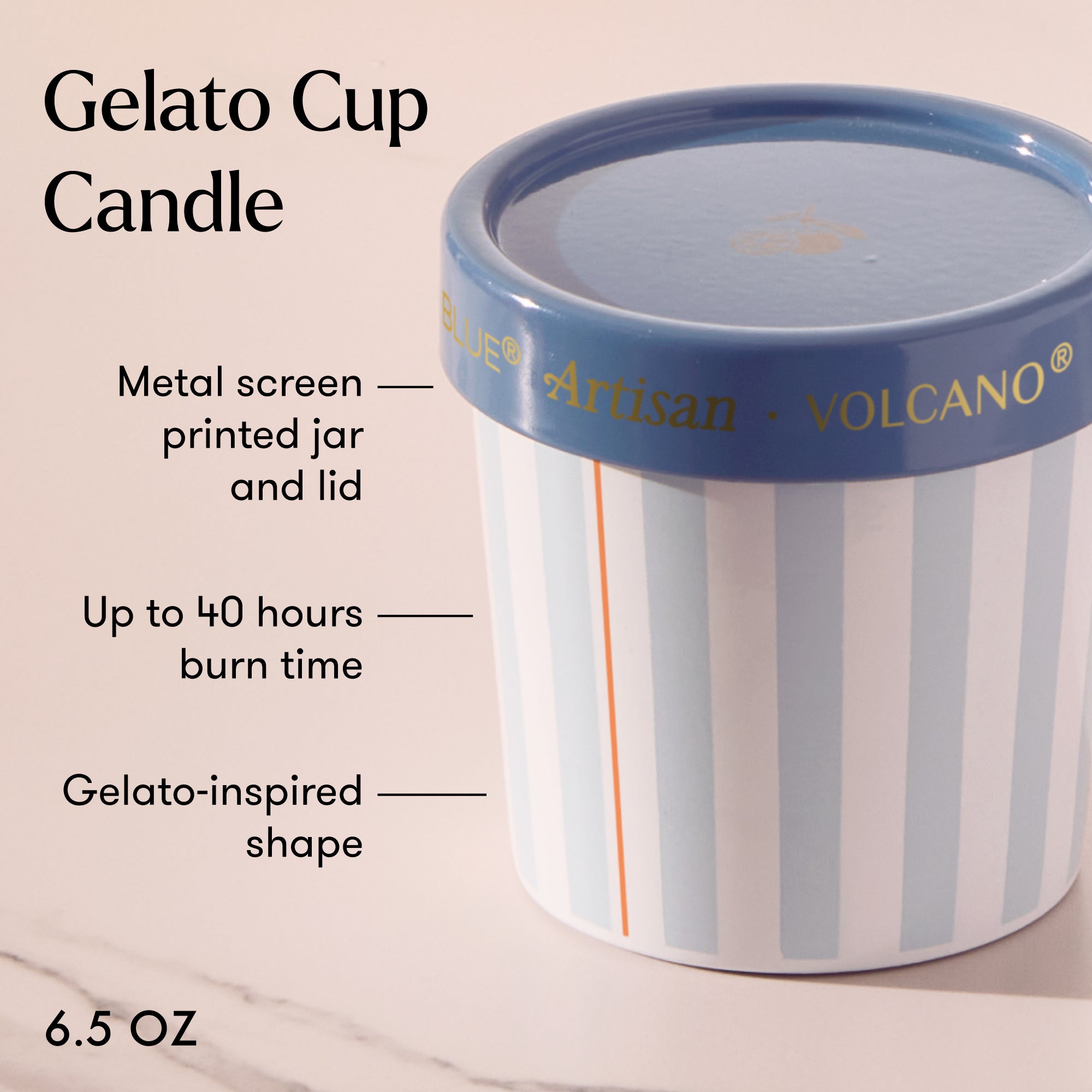 Gelato cup candle with blue lid labeled 'Artisan Volcano' on a beige background