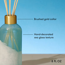 Diffuser bottle with gold collar and sea glass texture on a blue background