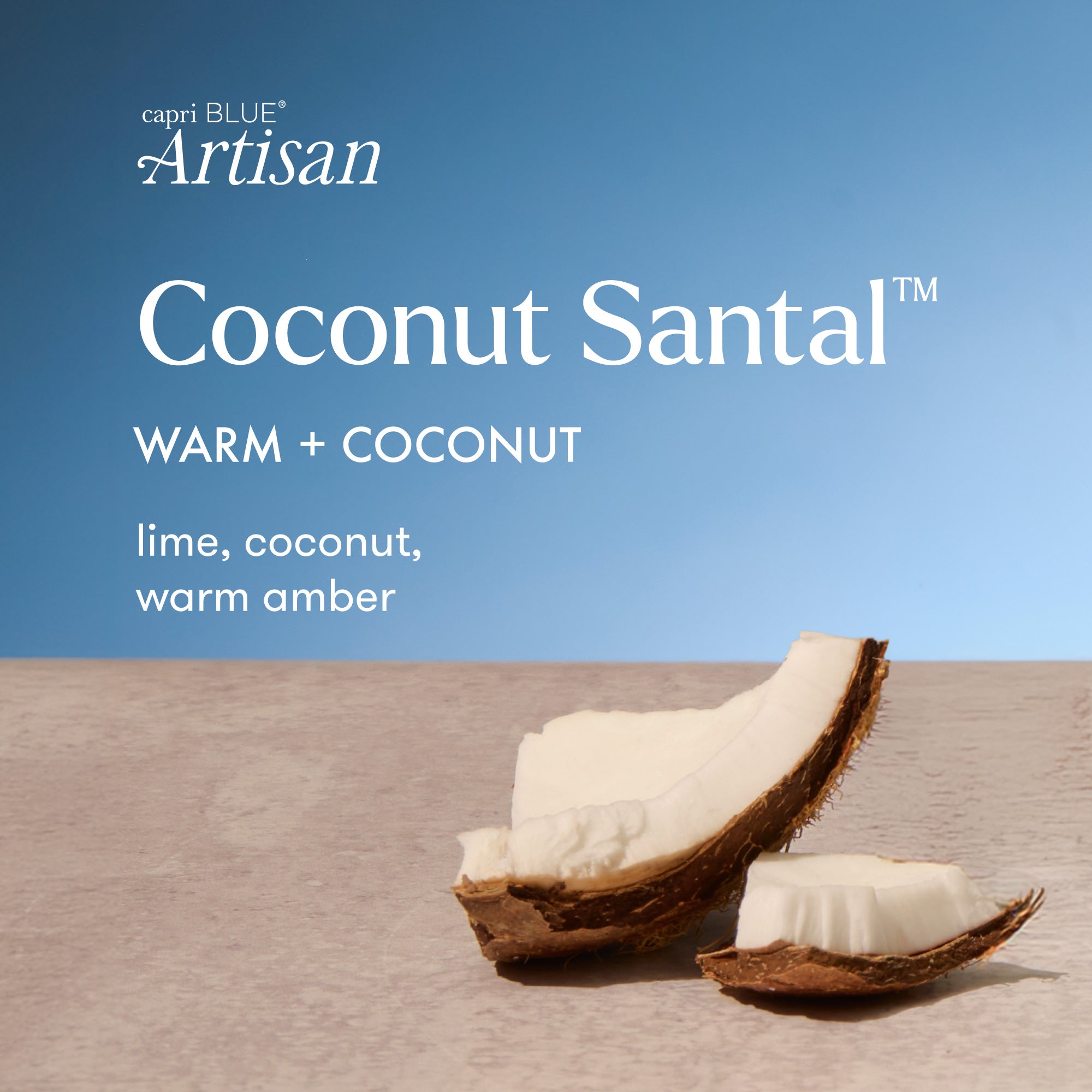 Capri Blue Artisan Coconut Santal soap with a blue background