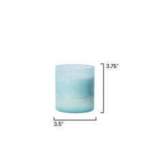 Blue candle with dimensions labeled on a white background