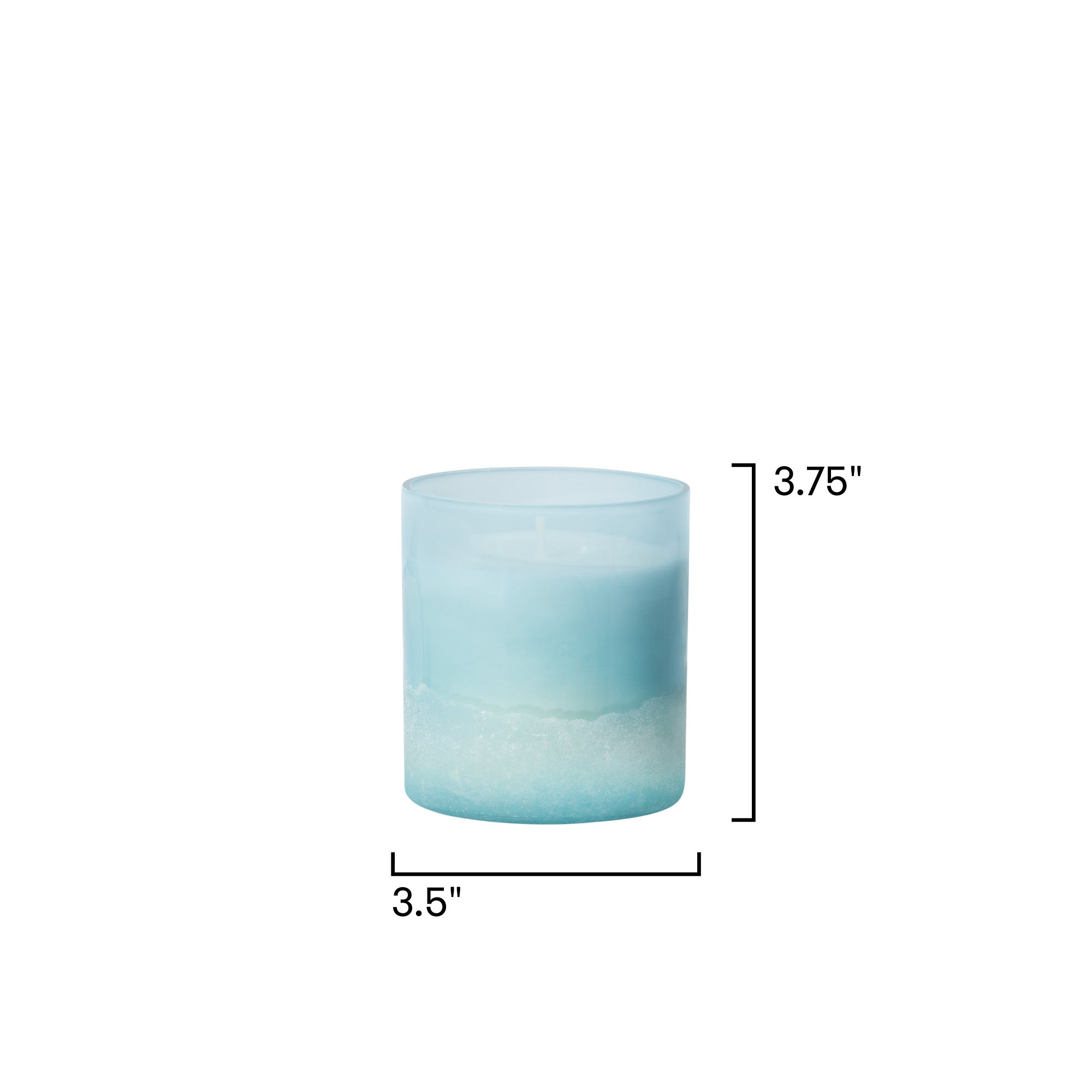 Blue candle with dimensions labeled on a white background