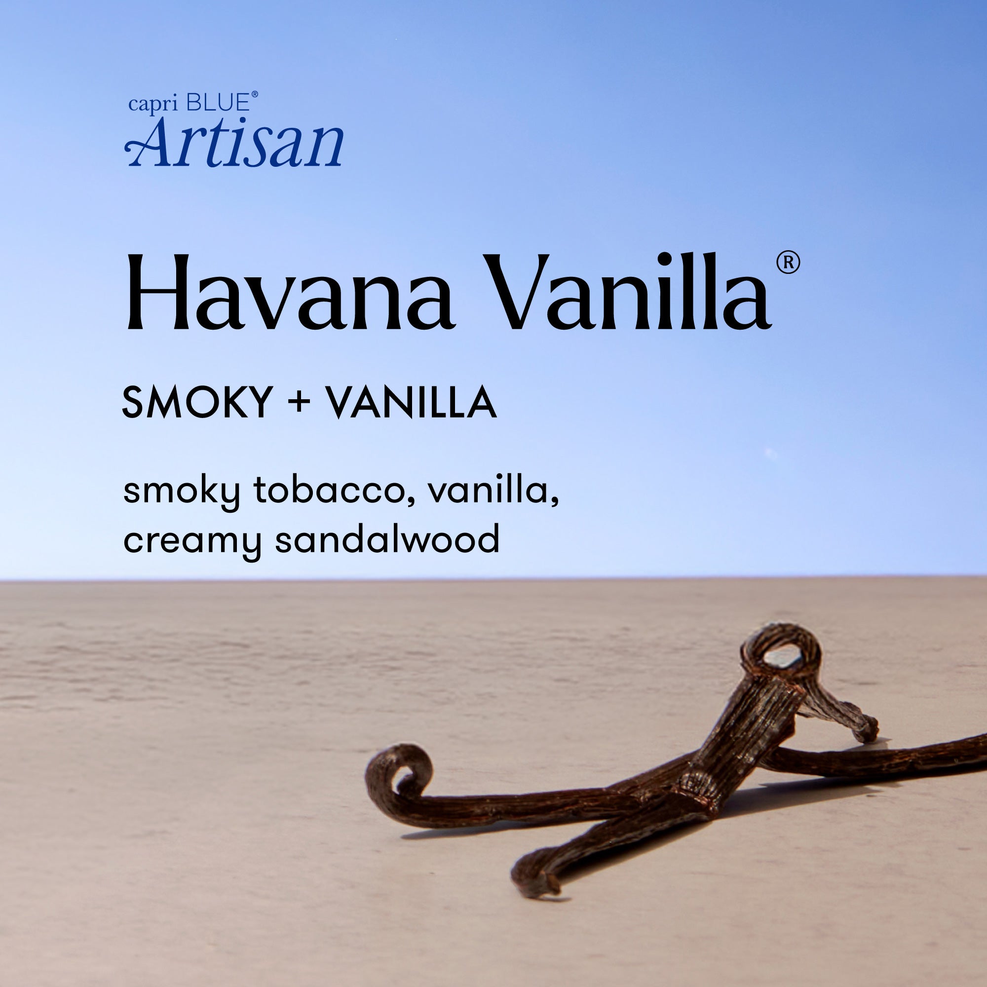 Capri Blue Artisan Havana Vanilla product with vanilla bean on a light background